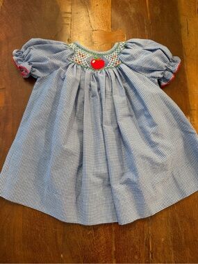 Smocked Blue Gingham Kids Casual Dress with Apple Motif